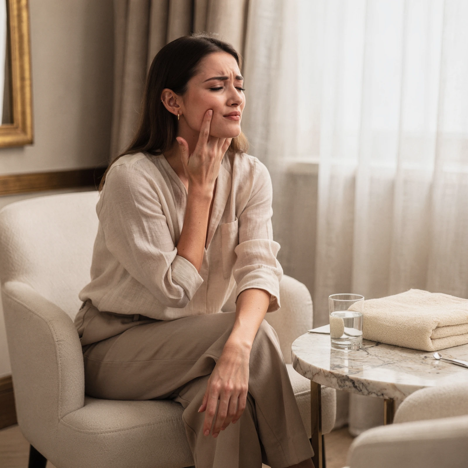 Woman holding her cheek in pain while sitting on a couch at home
